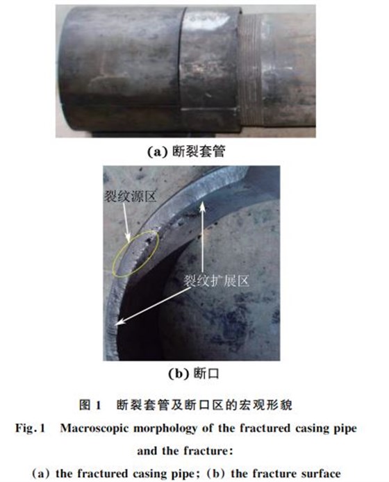 图1 断裂套管及断口区的宏观形貌 图1 断裂套管及断口区的宏观形貌